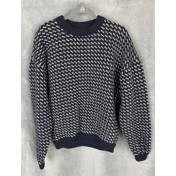 Vintage LL Bean Norwegian Birdseye Fair Isle Fisherman Wool Sweater Size L Blue - Picture 1 of 13